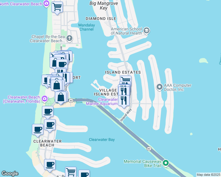 map of restaurants, bars, coffee shops, grocery stores, and more near 240 Windward Passage in Clearwater