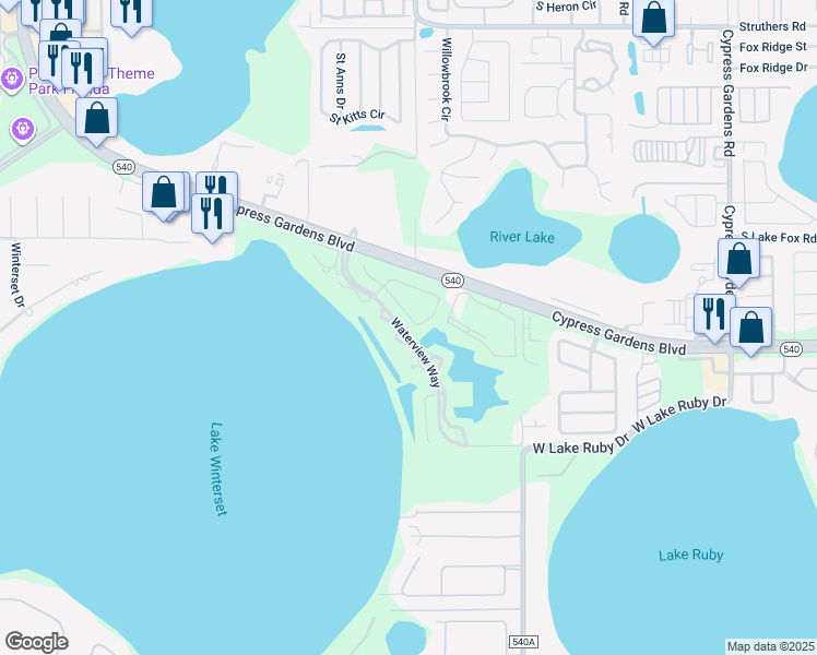map of restaurants, bars, coffee shops, grocery stores, and more near 116 Morning Glory Circle in Winter Haven