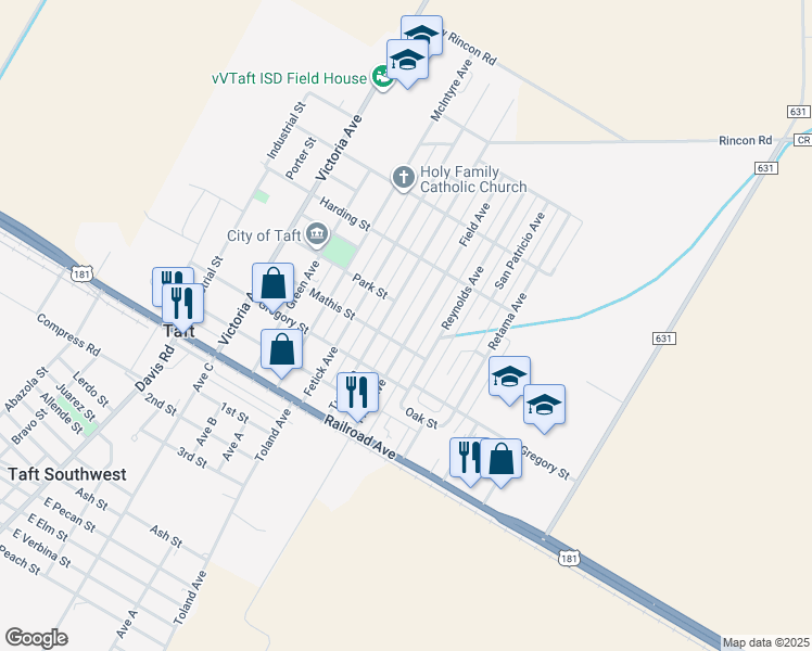 map of restaurants, bars, coffee shops, grocery stores, and more near 432 Field Avenue in Taft