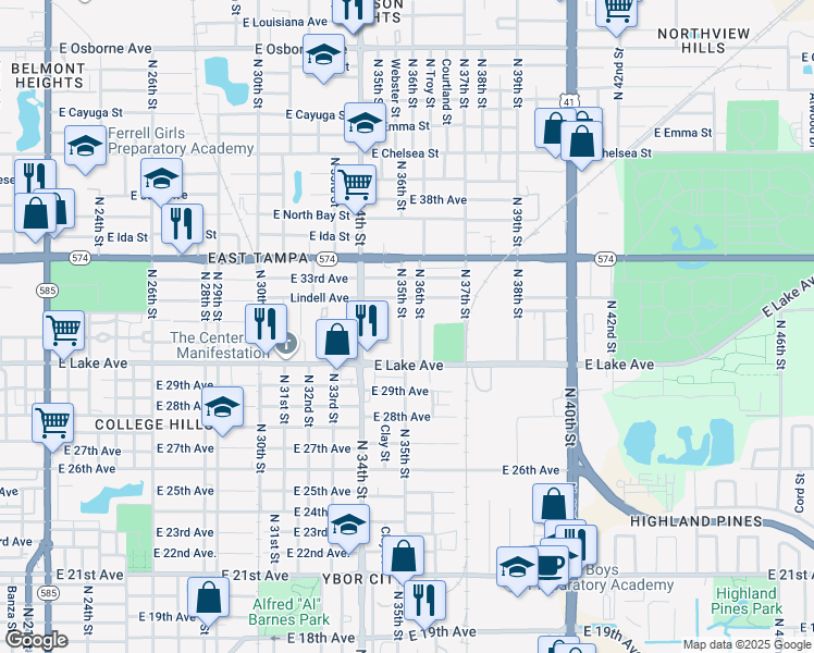 map of restaurants, bars, coffee shops, grocery stores, and more near 3720 North 36th Street in Tampa