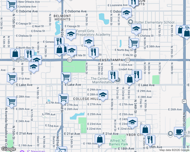 map of restaurants, bars, coffee shops, grocery stores, and more near 2614 East 32nd Avenue in Tampa