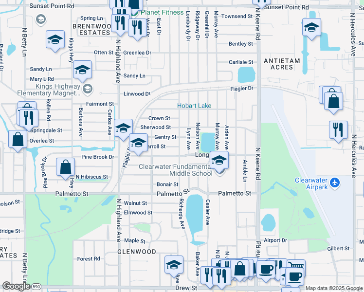 map of restaurants, bars, coffee shops, grocery stores, and more near 1305 Ridge Avenue in Clearwater