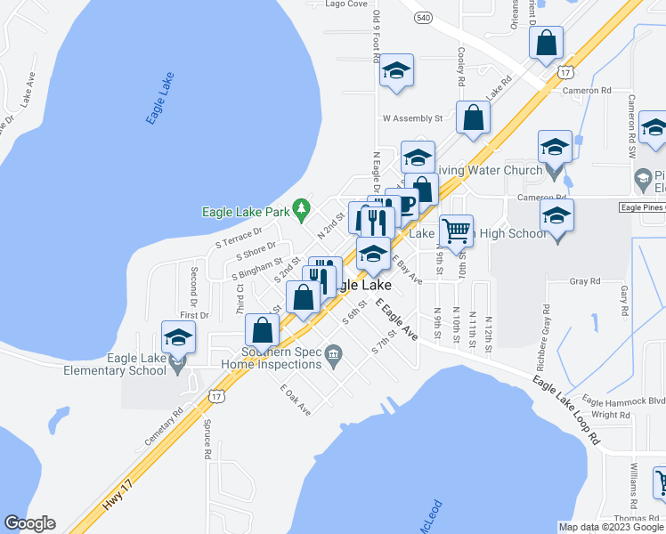 map of restaurants, bars, coffee shops, grocery stores, and more near 1 South 4th Street in Eagle Lake