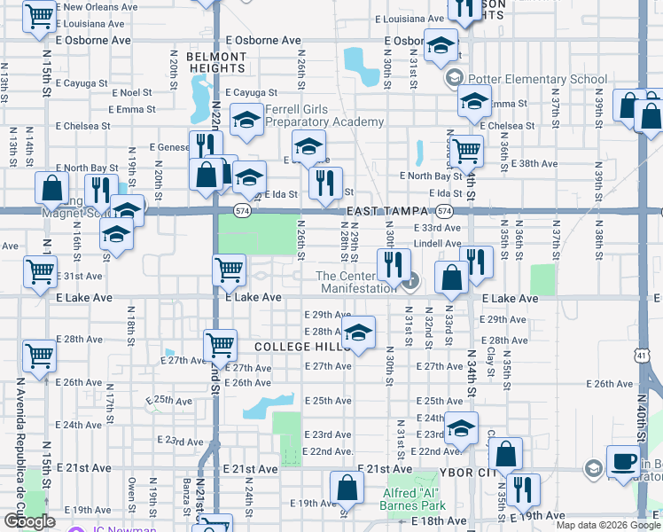 map of restaurants, bars, coffee shops, grocery stores, and more near 2614 East 32nd Avenue in Tampa