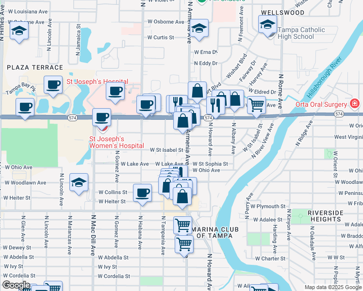 map of restaurants, bars, coffee shops, grocery stores, and more near 4214 North Armenia Avenue in Tampa