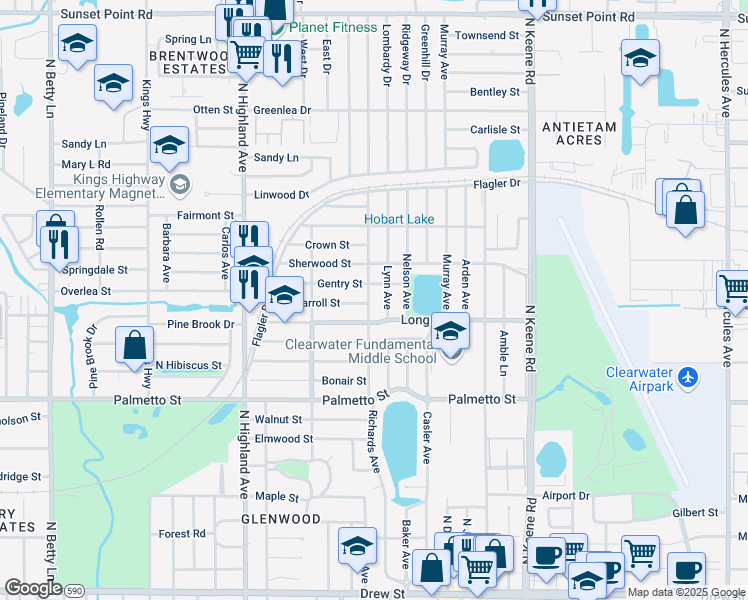 map of restaurants, bars, coffee shops, grocery stores, and more near 1305 Ridge Avenue in Clearwater