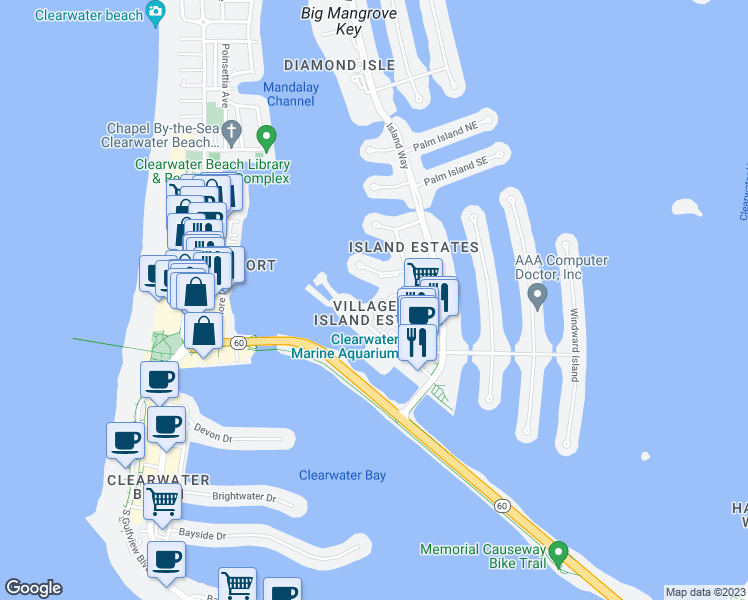 map of restaurants, bars, coffee shops, grocery stores, and more near 240 Windward Passage in Clearwater