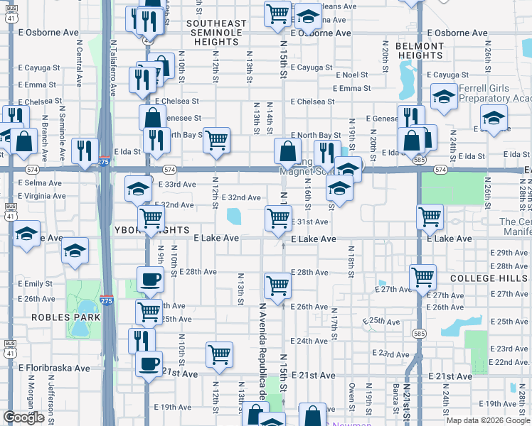 map of restaurants, bars, coffee shops, grocery stores, and more near 1314 East Louise Avenue in Tampa