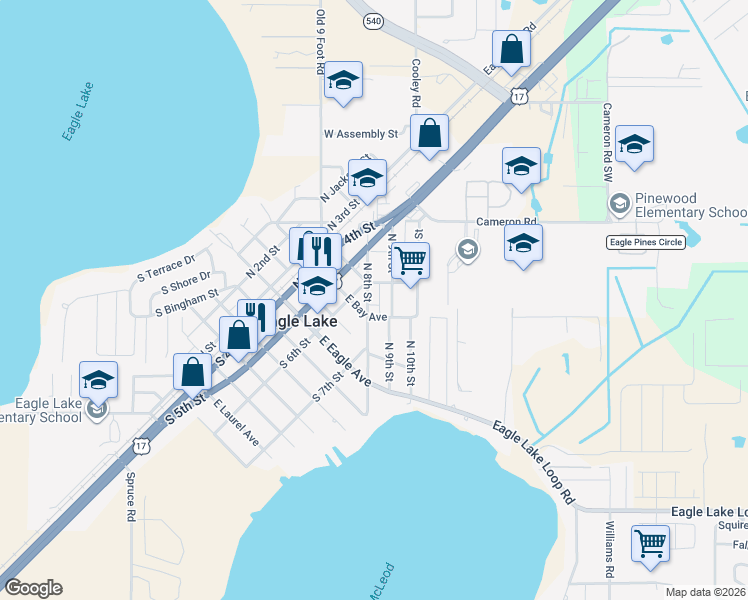 map of restaurants, bars, coffee shops, grocery stores, and more near 680 East Findley Avenue in Eagle Lake