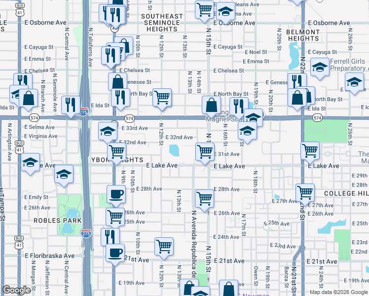 map of restaurants, bars, coffee shops, grocery stores, and more near 1314 East Louise Avenue in Tampa