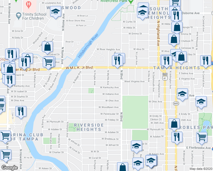 map of restaurants, bars, coffee shops, grocery stores, and more near 803 West Kentucky Avenue in Tampa