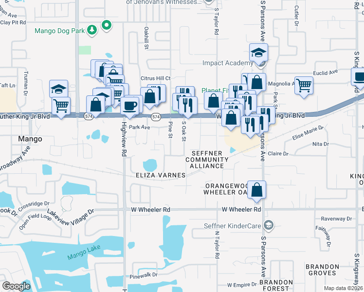 map of restaurants, bars, coffee shops, grocery stores, and more near 1811 South Oak Street in Seffner