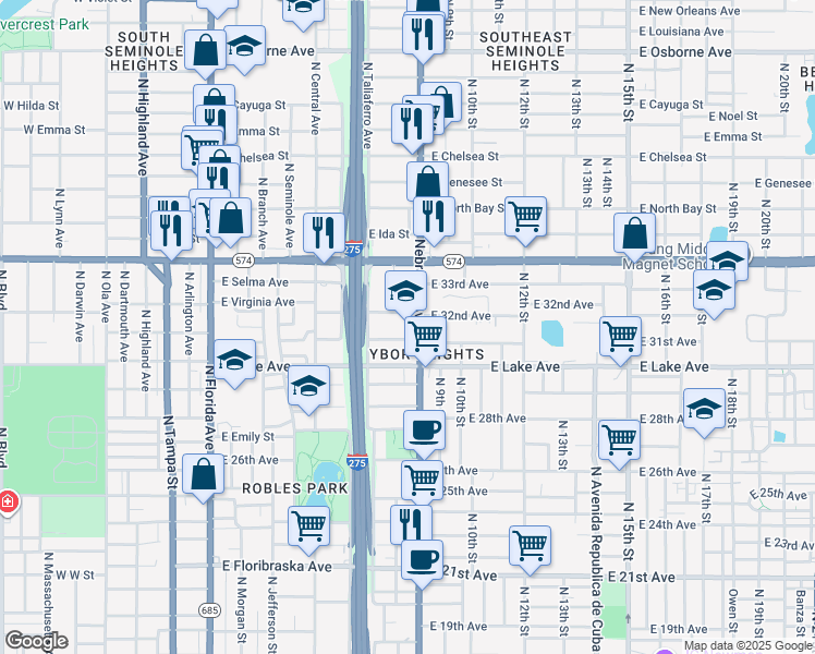 map of restaurants, bars, coffee shops, grocery stores, and more near 3800 North Nebraska Avenue in Tampa