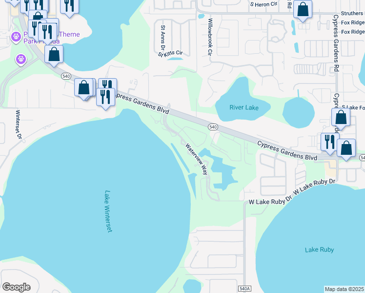 map of restaurants, bars, coffee shops, grocery stores, and more near 505 Sweetbay Circle in Winter Haven