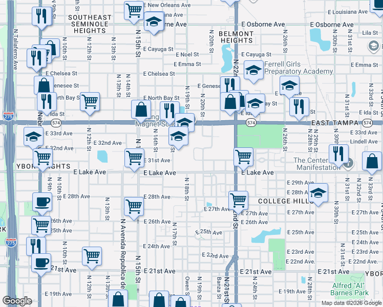 map of restaurants, bars, coffee shops, grocery stores, and more near 1807 East Doctor Martin Luther King Junior Boulevard in Tampa