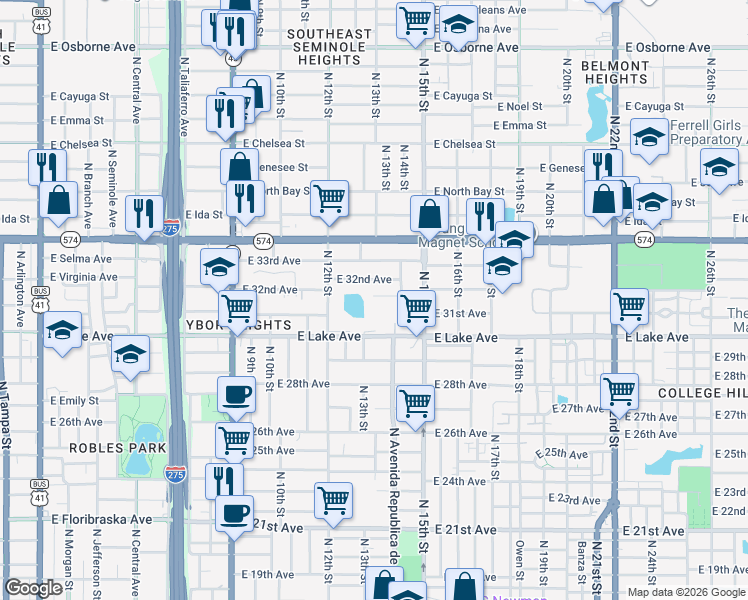 map of restaurants, bars, coffee shops, grocery stores, and more near 1314 East Louise Avenue in Tampa