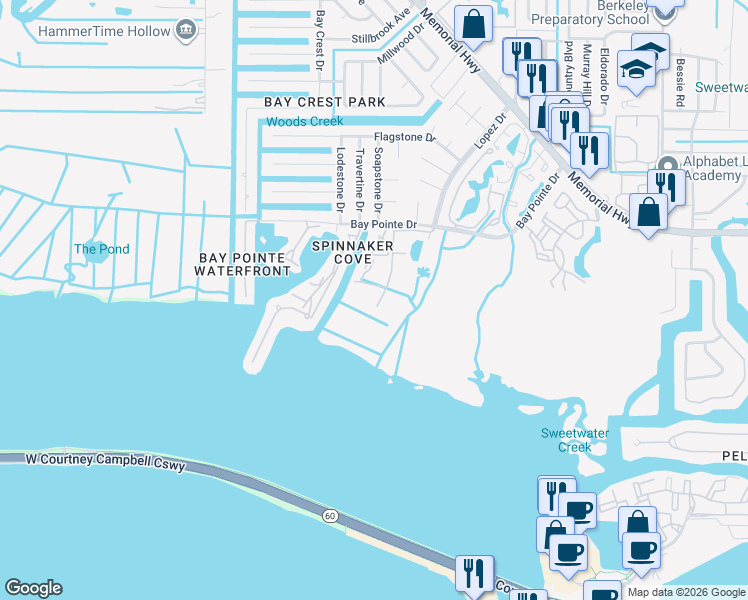 map of restaurants, bars, coffee shops, grocery stores, and more near 4312 Bayside Village Drive in Tampa