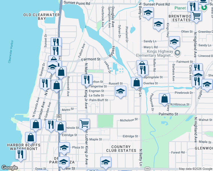 map of restaurants, bars, coffee shops, grocery stores, and more near 1308 North Madison Avenue in Clearwater