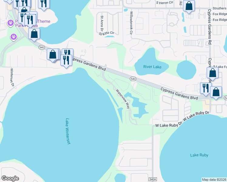 map of restaurants, bars, coffee shops, grocery stores, and more near 505 Sweetbay Circle in Winter Haven