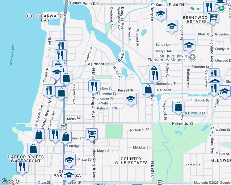 map of restaurants, bars, coffee shops, grocery stores, and more near 1308 North Madison Avenue in Clearwater