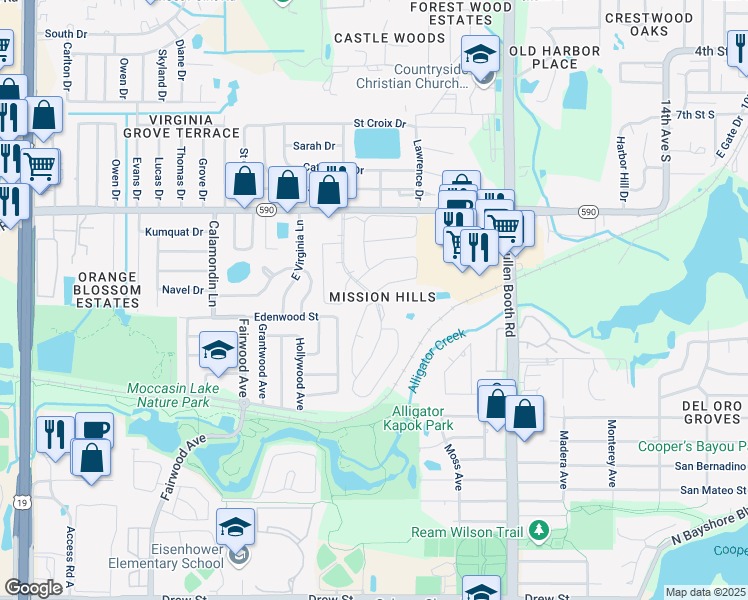 map of restaurants, bars, coffee shops, grocery stores, and more near 1513 Mission Hills Boulevard in Clearwater
