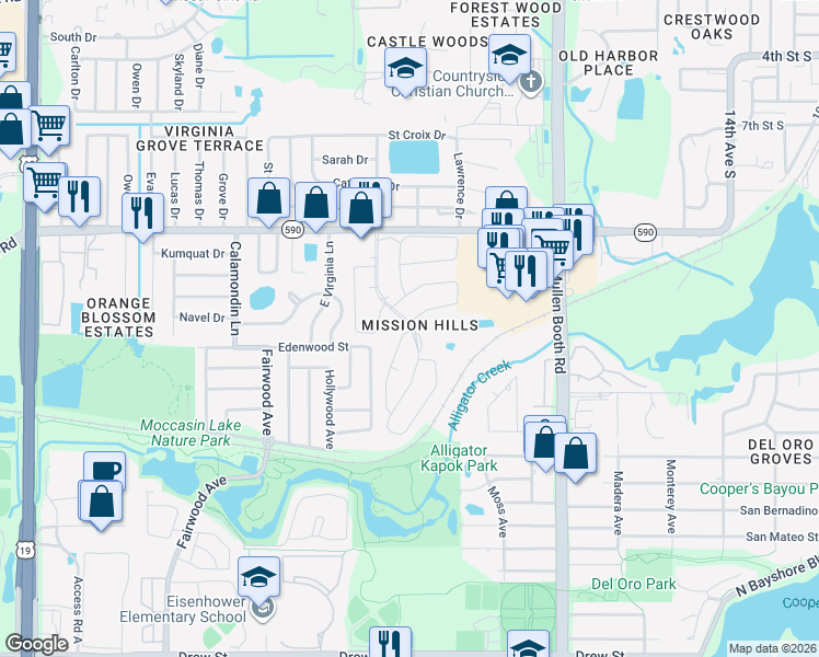 map of restaurants, bars, coffee shops, grocery stores, and more near 1361 Mission Hills Boulevard in Clearwater