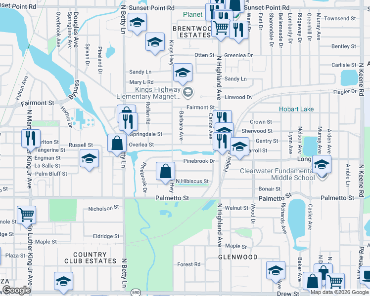 map of restaurants, bars, coffee shops, grocery stores, and more near 1425 Overlea Street in Clearwater