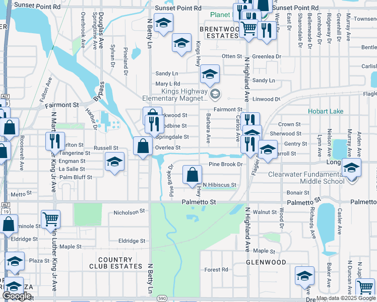 map of restaurants, bars, coffee shops, grocery stores, and more near 1357 Overlea Street in Clearwater