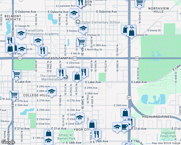 map of restaurants, bars, coffee shops, grocery stores, and more near 3716 North 35th Street in Tampa