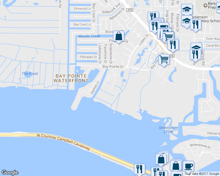 map of restaurants, bars, coffee shops, grocery stores, and more near 4312 Bayside Village Drive in Tampa
