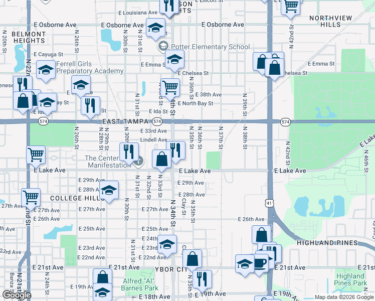 map of restaurants, bars, coffee shops, grocery stores, and more near 3716 North 35th Street in Tampa