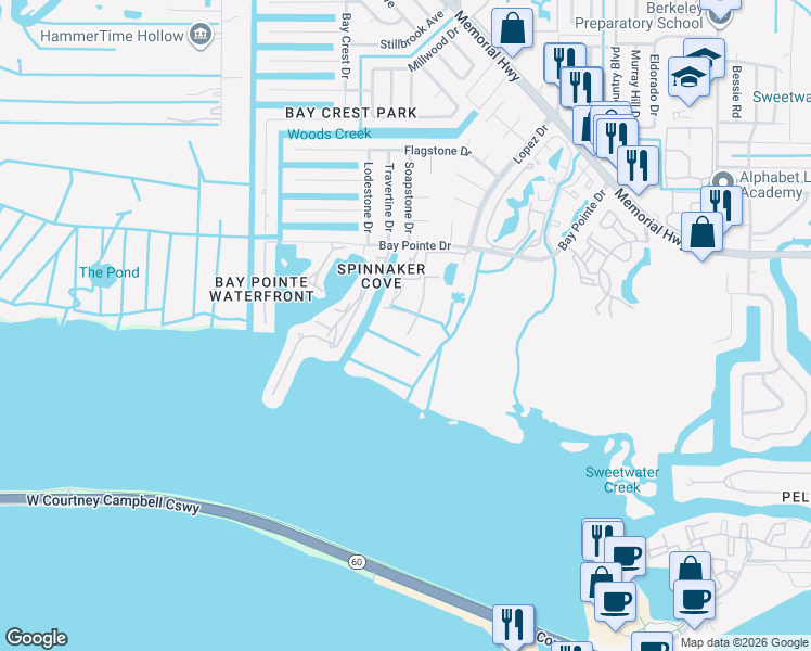 map of restaurants, bars, coffee shops, grocery stores, and more near 4306 Bayside Village Drive in Tampa