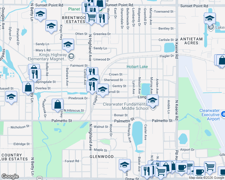 map of restaurants, bars, coffee shops, grocery stores, and more near 1545 Gentry Street in Clearwater