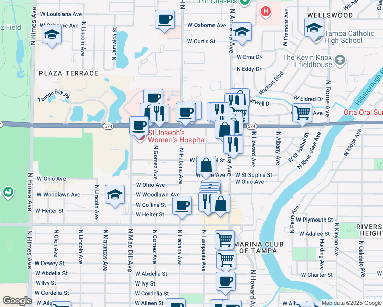 map of restaurants, bars, coffee shops, grocery stores, and more near 2716 West Virginia Avenue in Tampa
