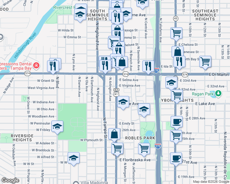 map of restaurants, bars, coffee shops, grocery stores, and more near 3800 Florida 685 in Tampa