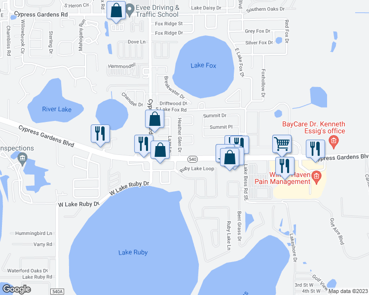map of restaurants, bars, coffee shops, grocery stores, and more near 602 Heather Glen Loop in Winter Haven