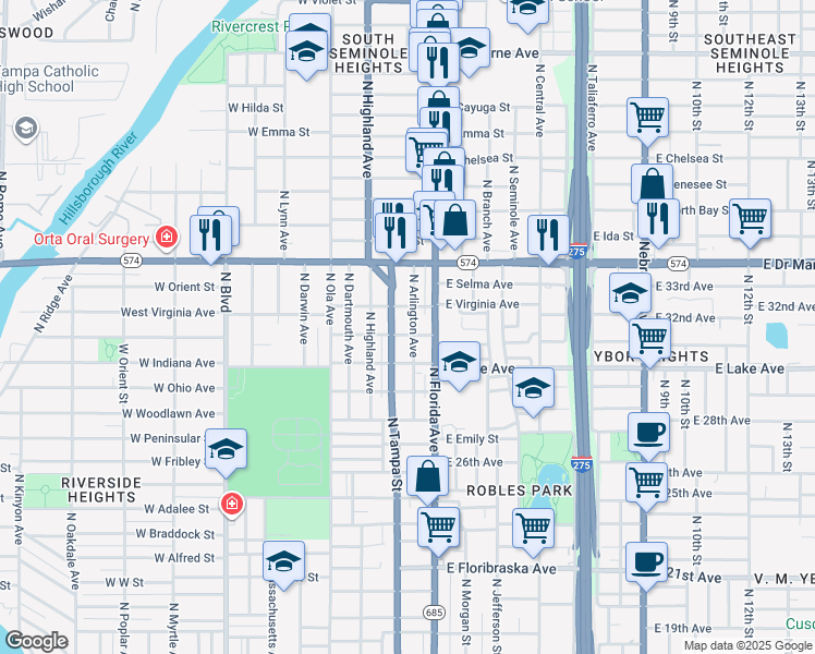 map of restaurants, bars, coffee shops, grocery stores, and more near 3807 North Tampa Street in Tampa