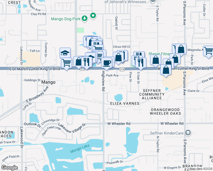 map of restaurants, bars, coffee shops, grocery stores, and more near 3813 Highview Road in Seffner