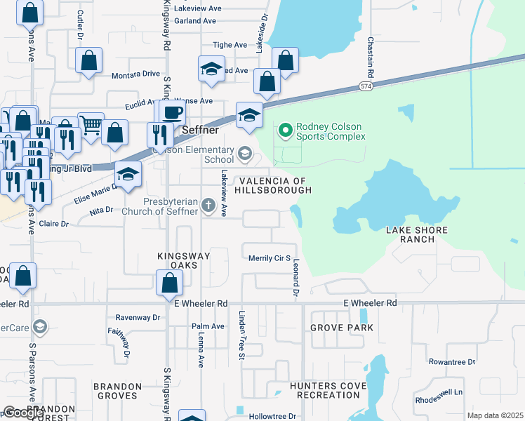 map of restaurants, bars, coffee shops, grocery stores, and more near 2018 Ronald Circle in Seffner