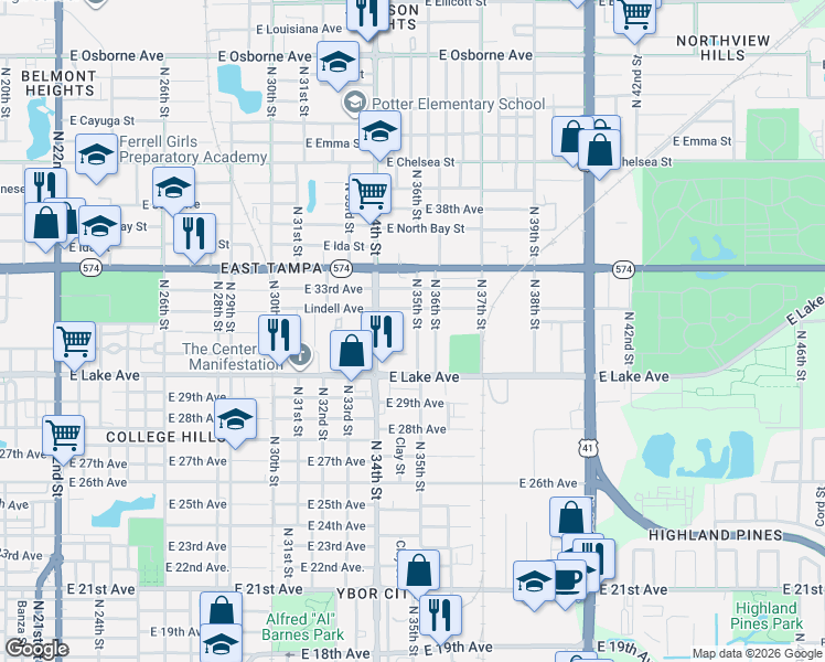 map of restaurants, bars, coffee shops, grocery stores, and more near 3720 North 36th Street in Tampa