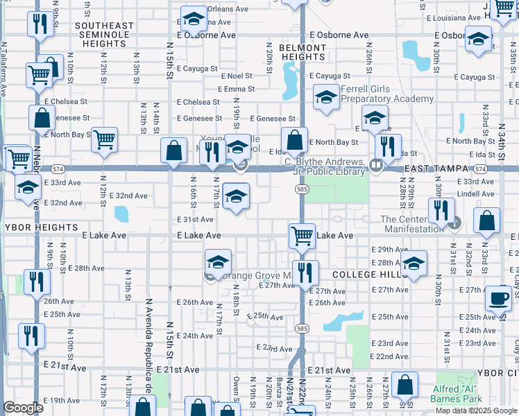 map of restaurants, bars, coffee shops, grocery stores, and more near 1905 North 19th Street in Tampa