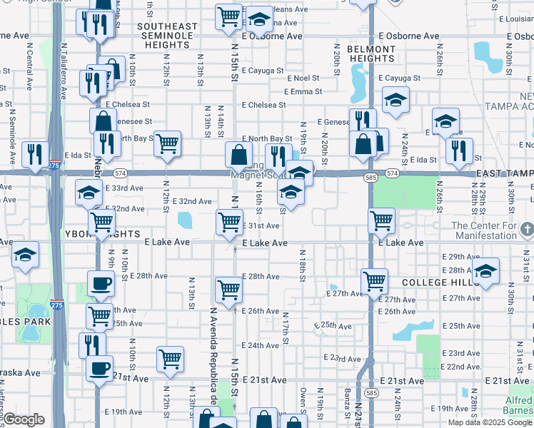 map of restaurants, bars, coffee shops, grocery stores, and more near 1515 East 32nd Avenue in Tampa