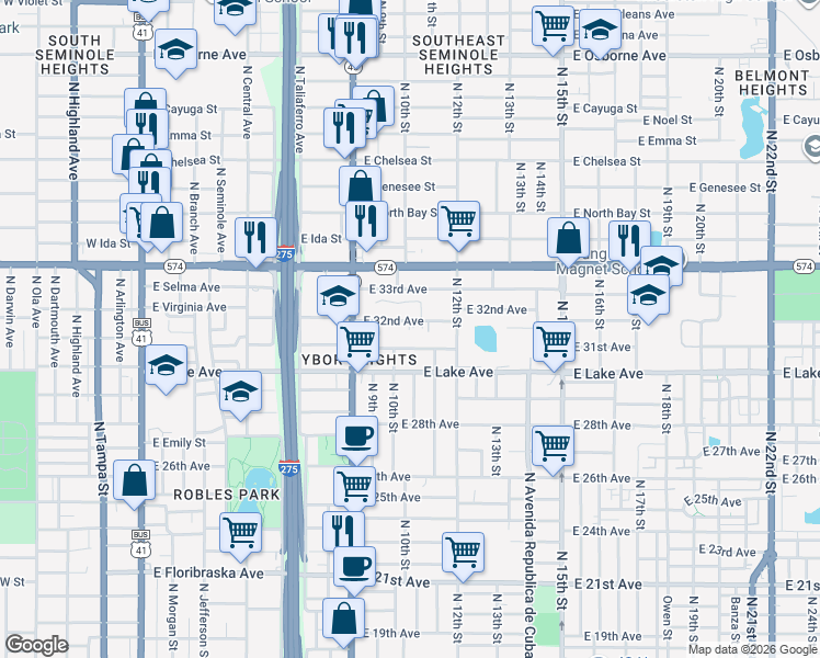map of restaurants, bars, coffee shops, grocery stores, and more near 1005 East 32nd Avenue in Tampa