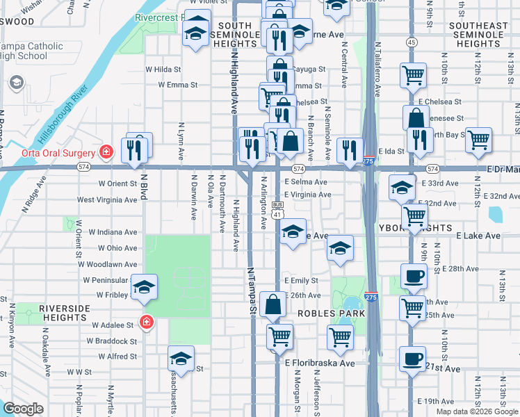 map of restaurants, bars, coffee shops, grocery stores, and more near 3807 North Tampa Street in Tampa