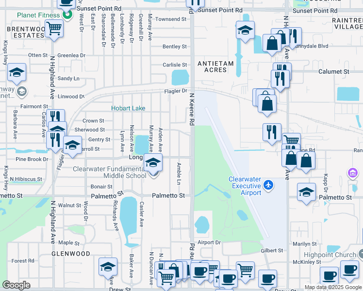 map of restaurants, bars, coffee shops, grocery stores, and more near 1309 Amble Lane in Clearwater