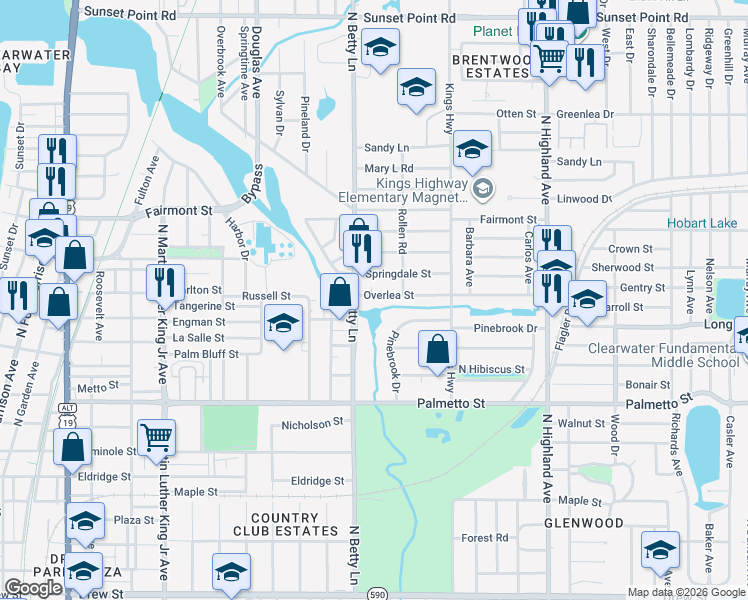 map of restaurants, bars, coffee shops, grocery stores, and more near 1411 North Betty Lane in Clearwater