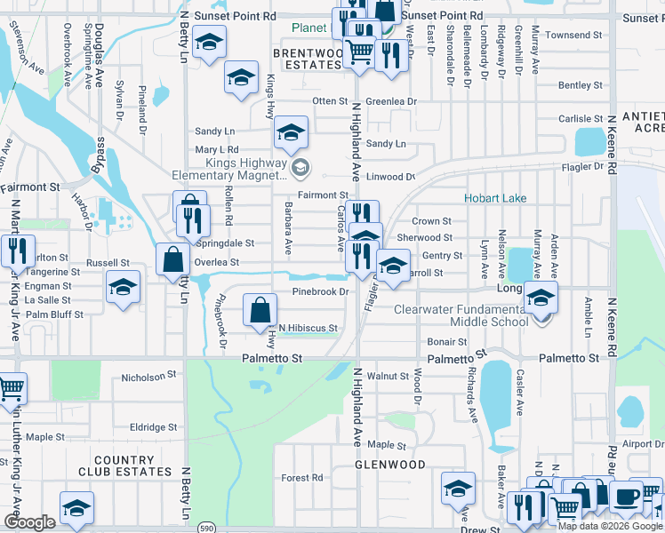 map of restaurants, bars, coffee shops, grocery stores, and more near 1473 Overlea Street in Clearwater