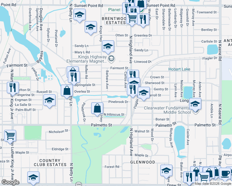 map of restaurants, bars, coffee shops, grocery stores, and more near 1449 Overlea Street in Clearwater