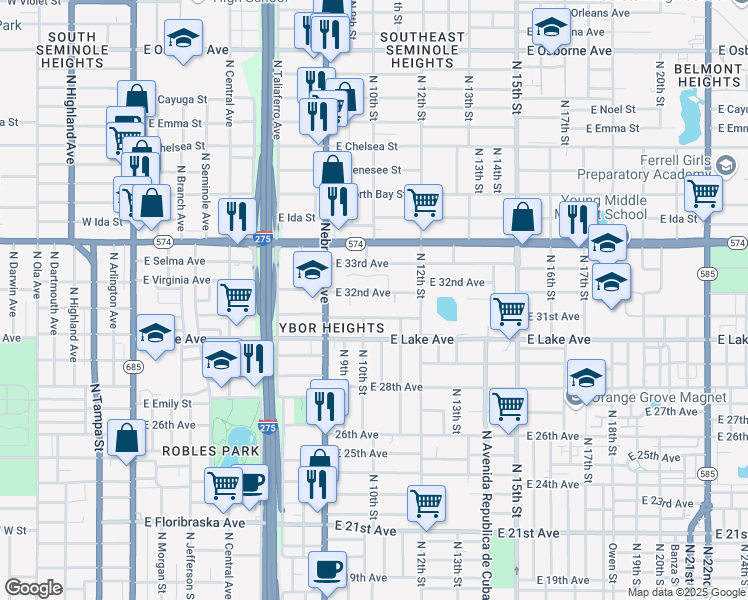 map of restaurants, bars, coffee shops, grocery stores, and more near 1005 East 32nd Avenue in Tampa
