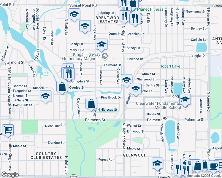 map of restaurants, bars, coffee shops, grocery stores, and more near 1455 Overlea Street in Clearwater